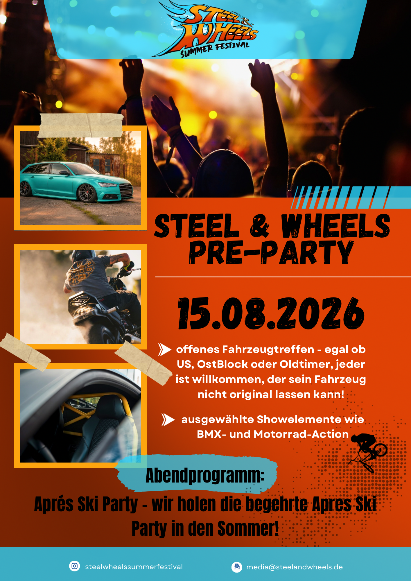 Flyer zur Steel & Wheels Pre-Party mit Fahrzeugtreffen, Showelementen und Après Ski Party