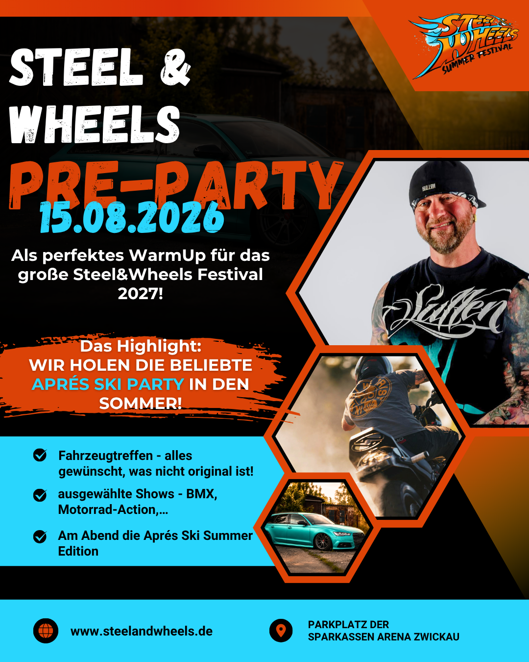 Steel & Wheels Pre-Party am 15.08.2026 in Zwickau als Warm-up für das Festival 2027